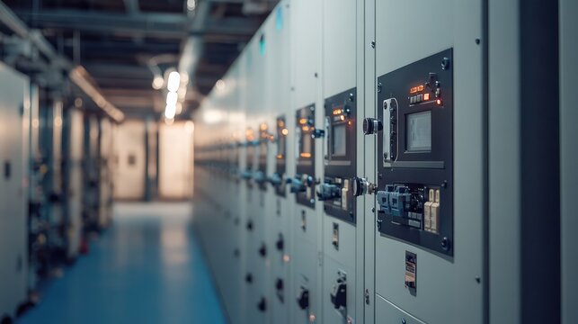 Low voltage switchgear system at power plant showing electrical distribution, control panels, and industrial equipment used in energy infrastructure. AI generated illustration.