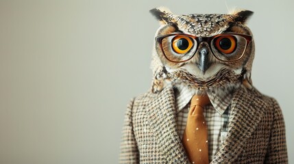 Cool looking owl bird wearing funky fashion dress - jacket, shirt, tie, glasses. Wide banner with space for text at side. Stylish animal posing