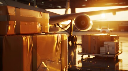 Stacks of wrapped parcels and cargo await loading onto an airplane in an airport hangar bathed in golden sunset light.