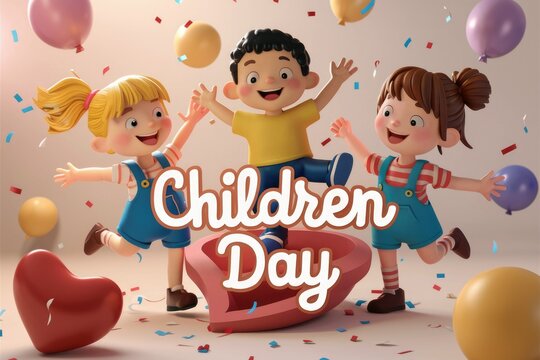 Three cartoon children celebrate Childrens Day with joy and balloons.
