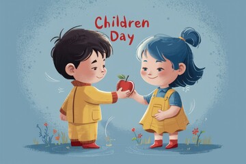 Two children smiling and sharing an apple on Childrens Day