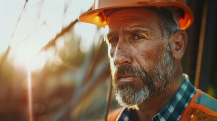 A determined construction worker in a hard hat and safety vest, bathed in golden sunset light, gazes intensely into the distance.