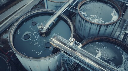 Fototapeta premium Overhead shot of large circular industrial tanks with interconnected pipelines, containing dark liquid, creating a gloomy, utilitarian scene.