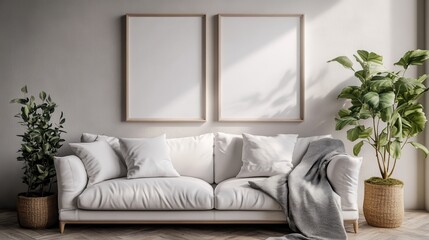 A stylish, contemporary living room featuring a comfortable white sofa, two blank picture frames, and green potted plants on either side, bathed in natural light.