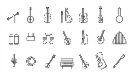   A variety of musical instruments is showcased in these thin line drawings on a white background