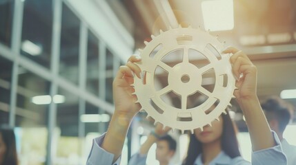A person holds up a large mechanical gear in a bright, contemporary workspace, showcasing creativity and innovation.