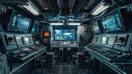 Fototapeta premium A high-tech control room with multiple digital screens and equipment, resembling a spaceship cockpit or an advanced command center.