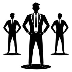 Fototapeta premium A businessman is depicted in distinct poses within a black silhouette conveying confidence and professionalism in a corporate context