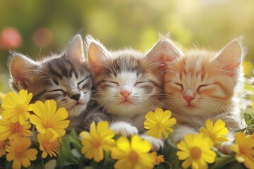 Three playful kittens in a field of yellow flowers capturing the beauty of spring.