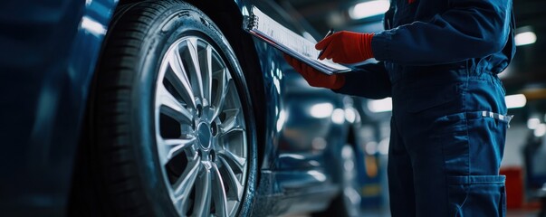 Mechanic in uniform documenting vehicle inspection in a modern auto repair shop with focused attention