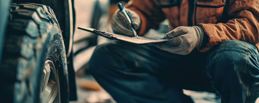 Mechanic documenting vehicle inspection with focus and precision in an automotive workshop environment