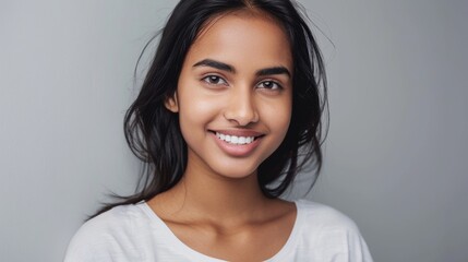 Naklejka premium A young woman with a radiant smile poses against a neutral background, radiating warmth and positivity through her cheerful expression.