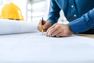 Architect Examining Blueprints at a Construction Site | Professional Planning and Building Design Review