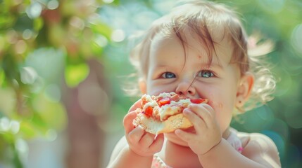Naklejka premium A joyful toddler with bright eyes enjoys a slice of bread with toppings in a sunlit garden, capturing pure childhood delight and curiosity.