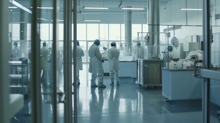 A spacious laboratory, filled with scientists in white coats and protective gear, buzzes with activity and research in a modern, well-lit environment.