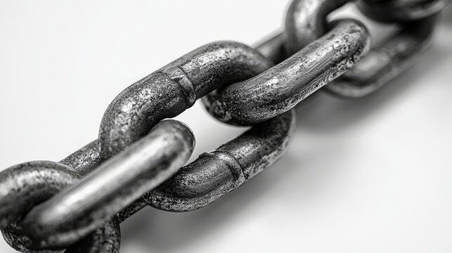 Close-up of metal chain links on white background, industrial strength and durability concept
