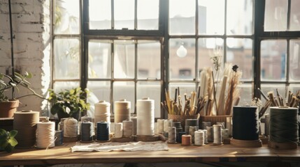 A cozy, sunlit studio filled with various threads and yarns neatly arranged on a wooden table, surrounded by plants and craft tools with large windows in the background.