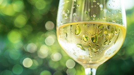 A glass of chilled white wine against a backdrop of dappled green light, exuding elegance and a refreshing, serene summer vibe.