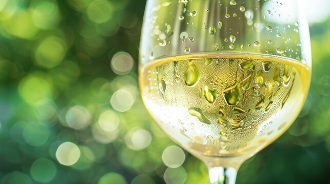 A glass of chilled white wine against a backdrop of dappled green light, exuding elegance and a refreshing, serene summer vibe.