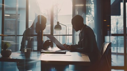 Two business professionals engage in an intense discussion inside a glass-walled office with warm sunlight streaming through.