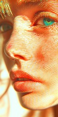 Close-up woman's face with pixelated skin, blue eyes, futuristic look.