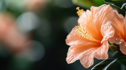Fototapeta premium Close-up photograph of a peach hibiscus flower with morning dew droplets on its delicate petals, showcasing natural beauty and serene elegance in vibrant colors.