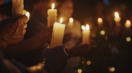 A group of people holding candles in a dark setting, creating a warm and intimate atmosphere filled with soft, flickering lights.