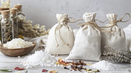 A set of elegant cloth bags filled with natural bath salts and dried herbs, arranged on a white table, exuding a sense of relaxation and luxury spa.