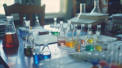 A cluttered lab desk is filled with colorful chemical-filled flasks, beakers, and notes, portraying the dynamic nature of scientific experiments.