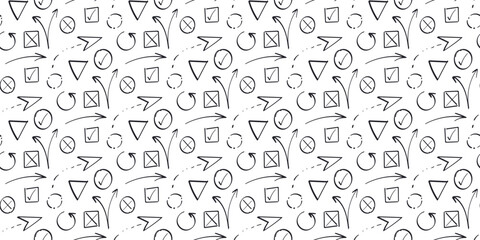 Ink Check mark, Cross, Arrows Pattern on white background. Hand drawn pencil Symbols voting, Choice. Random signs. Refusal, agreement. Circular, curved directions. Seamless print. Vector illustration