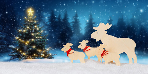 Christmas card with reindeers elks tree and copyspace copy space panorama