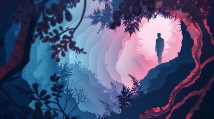 Obraz premium Silhouette of a man standing in a mystical forest, surrounded by vibrant foliage, bathed in an ethereal glow