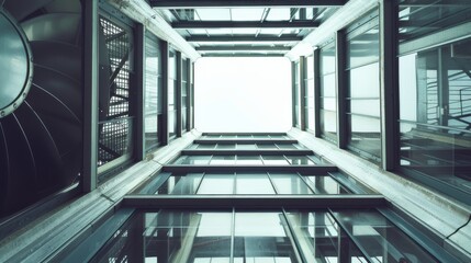 Looking up through a modern glass building's central atrium to the sky, the perspective highlights sleek architectural lines and contemporary design.