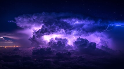 Thunderstorm over dark sky with vibrant purple lightning, atmospheric nature. Stormy weather and dramatic landscape concept