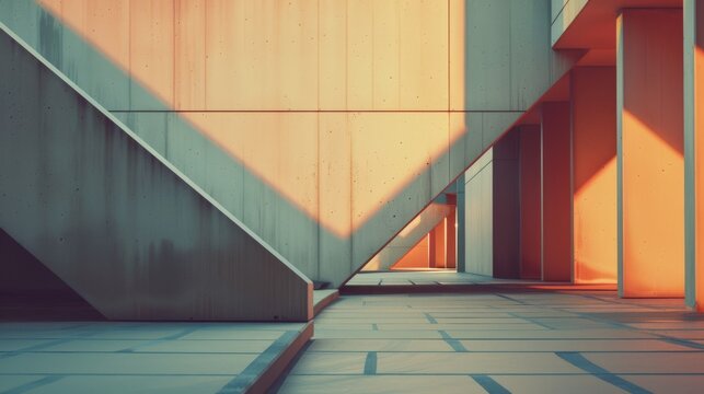 Sunlight and shadows play across geometric concrete structures, creating an abstract architectural exploration of line, shape, and form.