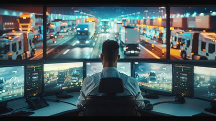 A high-tech control center with multiple screens and a single operator monitoring a bustling network of trucks and vehicles, depicting efficiency and coordination in logistics.