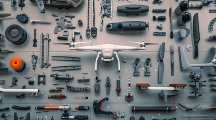 A meticulously organized wall showcases a variety of drone and gadget components, highlighting the intricacy of modern technology.