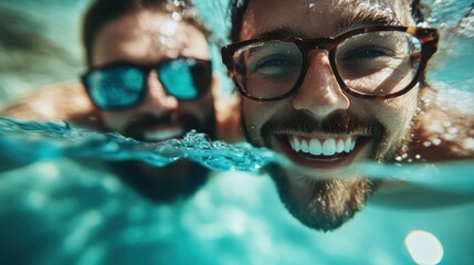 Fototapeta premium Two individuals swim underwater in clear, blue water, capturing the essence of freedom, exploration, and the serene beauty of aquatic life, conveyed through vivid, aquatic hues.