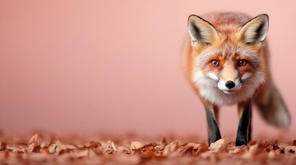 Obraz premium A fox roams across a bed of autumn leaves, its fur contrasting with the soft pink background, creating a whimsical and enchanting scene that combines nature's beauty with playful tones.