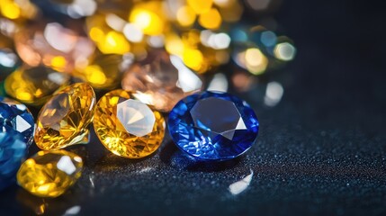 Sapphire and Yellow Gemstones on Black Surface. AI generated illustration