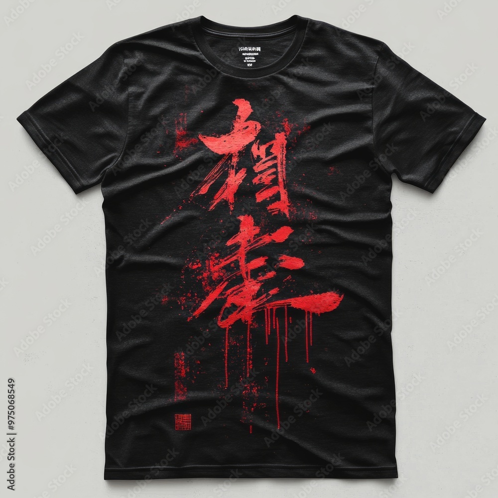 Wall mural t-shirt with bold red calligraphy design on black fabric.