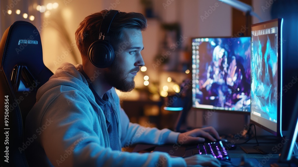 Poster european man working from home in a modern office with dual monitors and coding software
