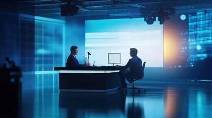 Modern news studio with two male anchors in professional attire discussing live broadcast under vivid lighting