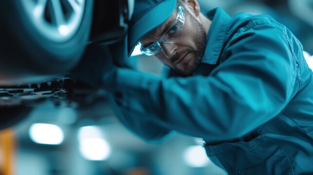 In a modern repair shop, a dedicated mechanic focuses on working under a car to ensure its proper maintenance and safety. The atmosphere is well-organized and professional.