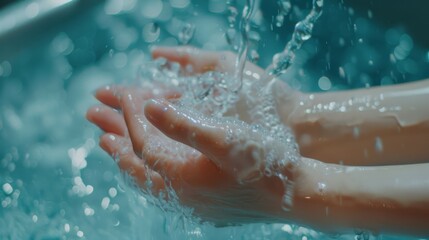 Fototapeta premium A close-up of water cascading over cupped hands, capturing the refreshing and serene essence of the moment.