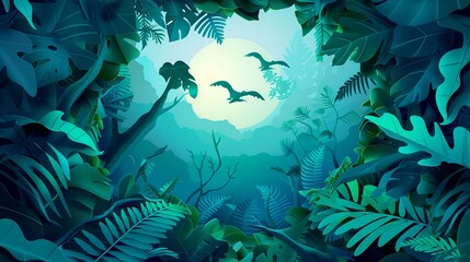 Jungle Canopy View with Birds Flying Towards Sun