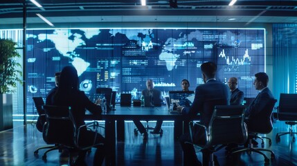 A high-tech conference room, illuminated by digital displays of global data, hosts a serious business meeting set against a backdrop of a world map and analytical charts.