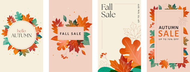 Autumn, Fall background, vertical designs, cards, banners. Autumn leaves pattern, landscape, sale template. Vector illustration, banners, cards