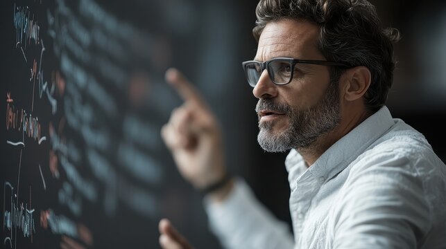 A man in a white shirt, wearing glasses, gestures while engaged in explaining concepts written on a blackboard, exemplifying knowledge sharing and intellectual focus.