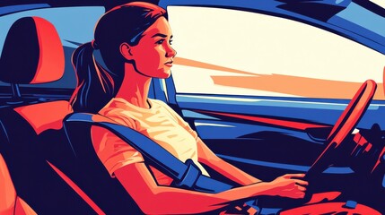  illustration of a contemplative woman sitting in a car, emphasizing safety and modern travel